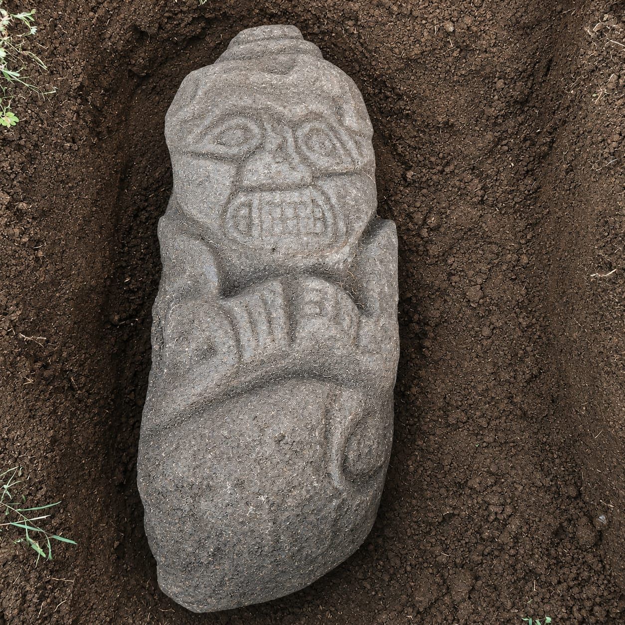 Estatua de piedra tallada dentro de la zanja de excavación, recién descubierta: ojos en espiral, boca con colmillos y brazos cruzados