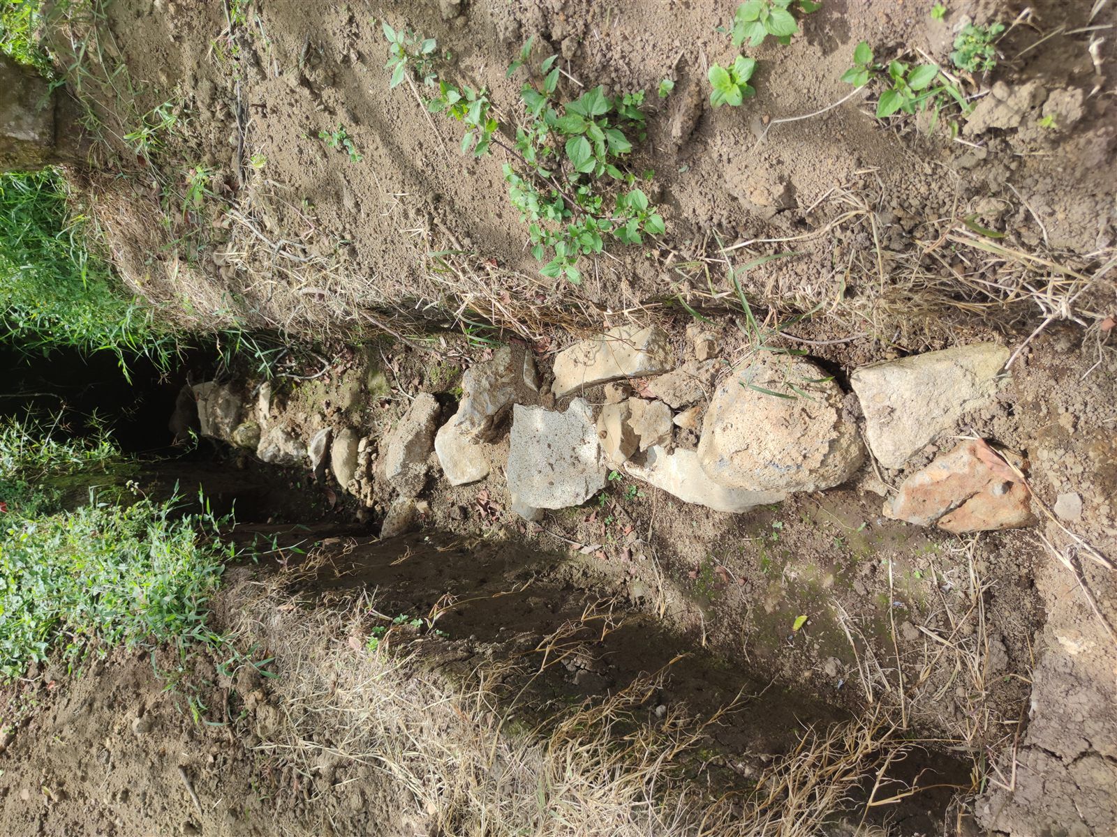 Tumba de cancel en el terreno: una hilera de lajas planas de roca volcánica cubriendo la cámara funeraria