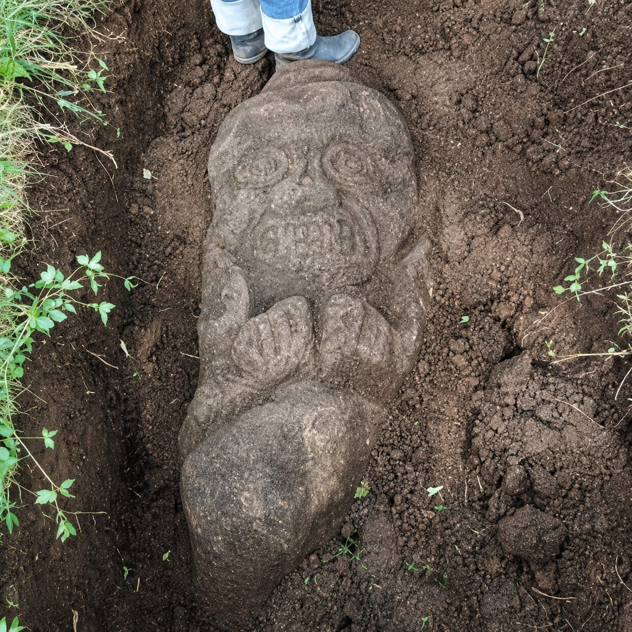La misma estatua en la zanja abierta, con las botas del excavador en el borde dando escala