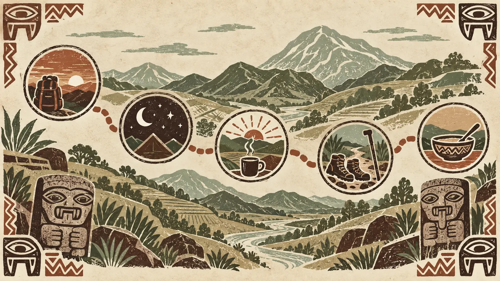 Itinerario ilustrado de un plan con noche: llegada y cena, noche en la cabaña, desayuno, salida guiada y almuerzo